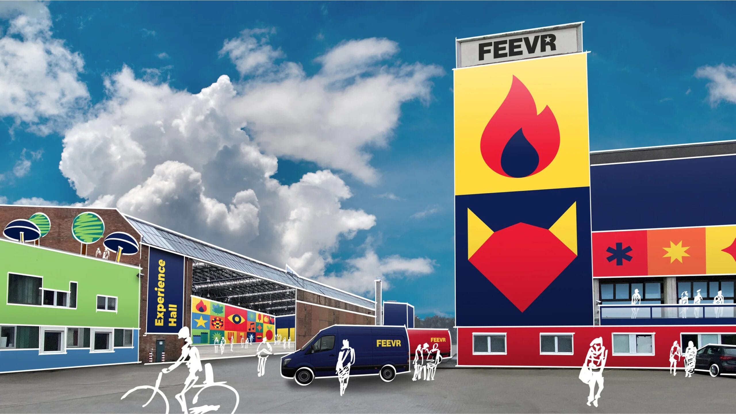 Visualisierung des Feevr Logistic Campus mit großem FEEVR-Logo und Plakatwand